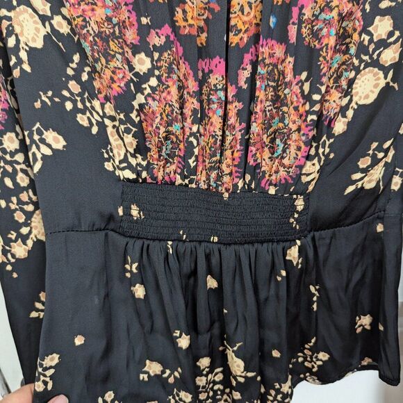 Free People | Black Multicolor Floral Long Sleeve Tie Front Blouse Size Small - Picture 10 of 10